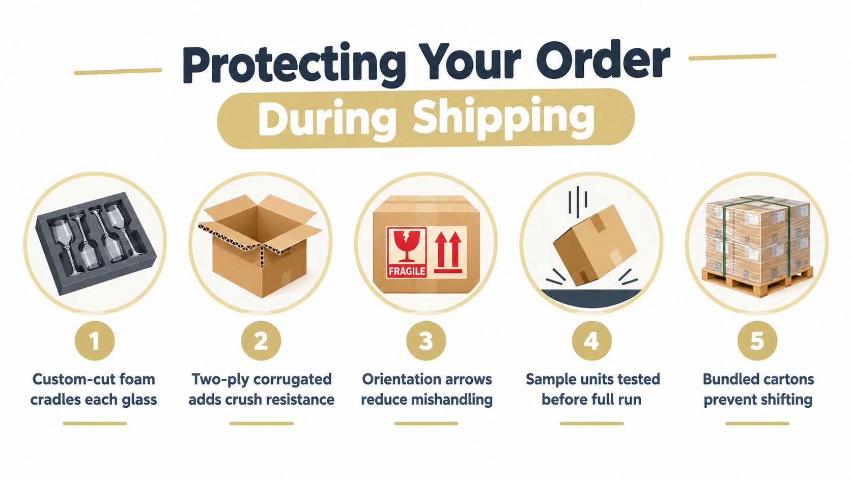 An infographic showing five steps for safely shipping whiskey glasses, including custom foam, durable boxes, and secure pallets.