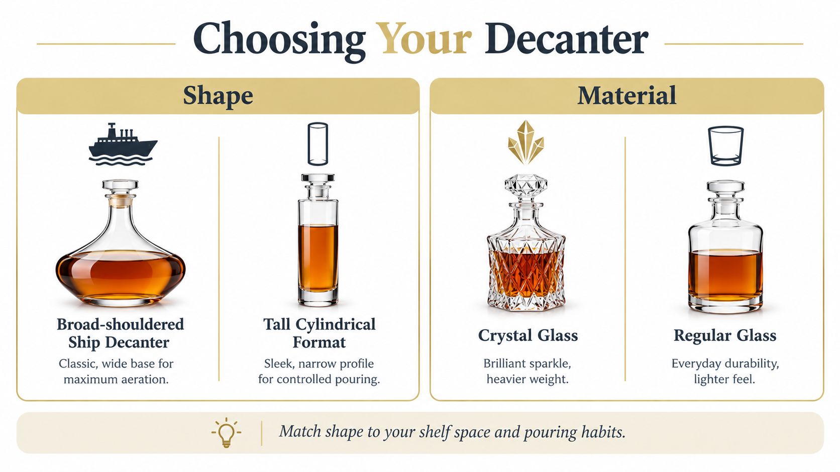 An infographic titled Choosing Your Decanter, illustrating different shapes and material types for whiskey decanters.