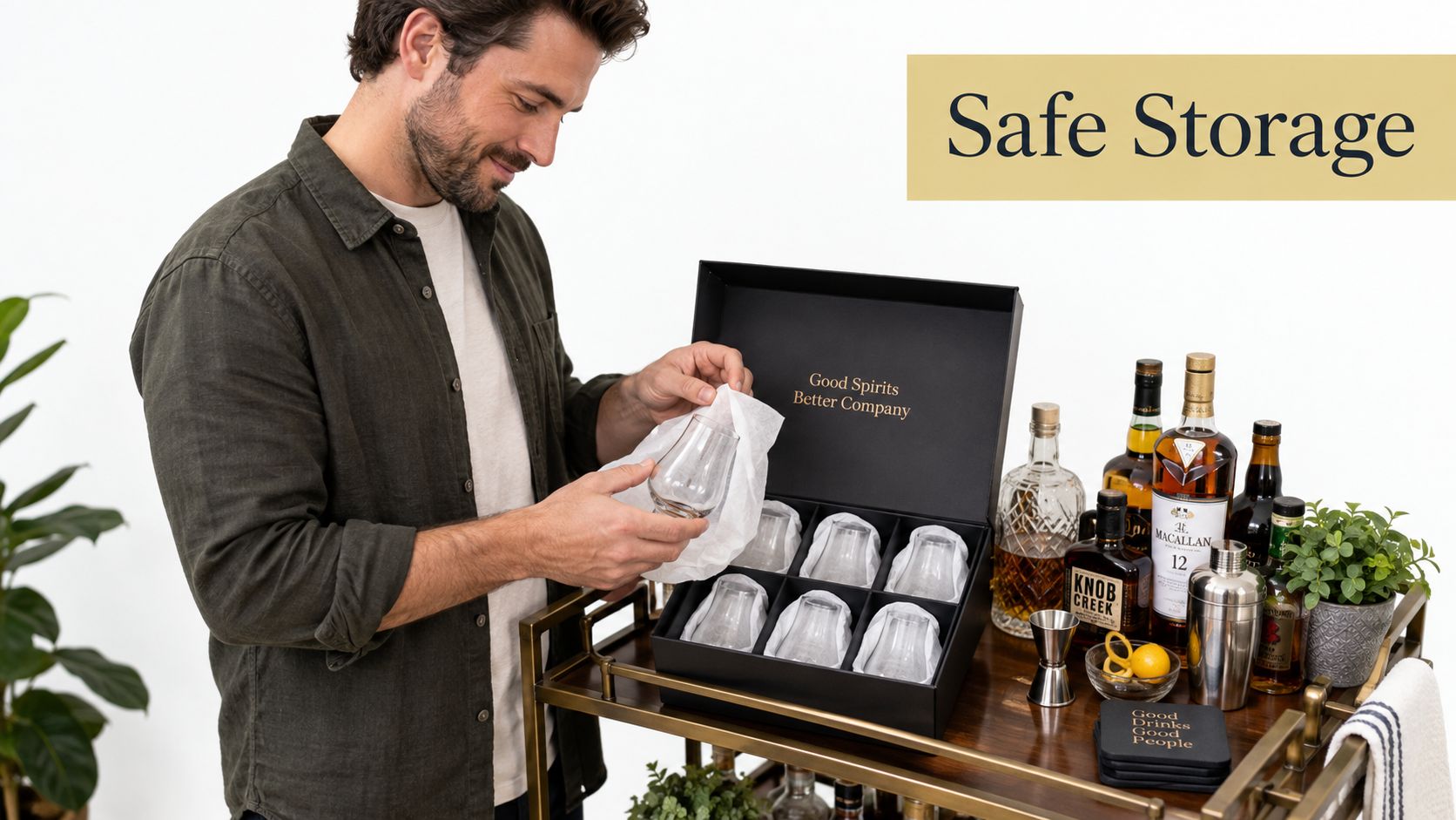 A man unpacking a set of crystal whiskey glasses from an elegant black gift box on a bar cart.