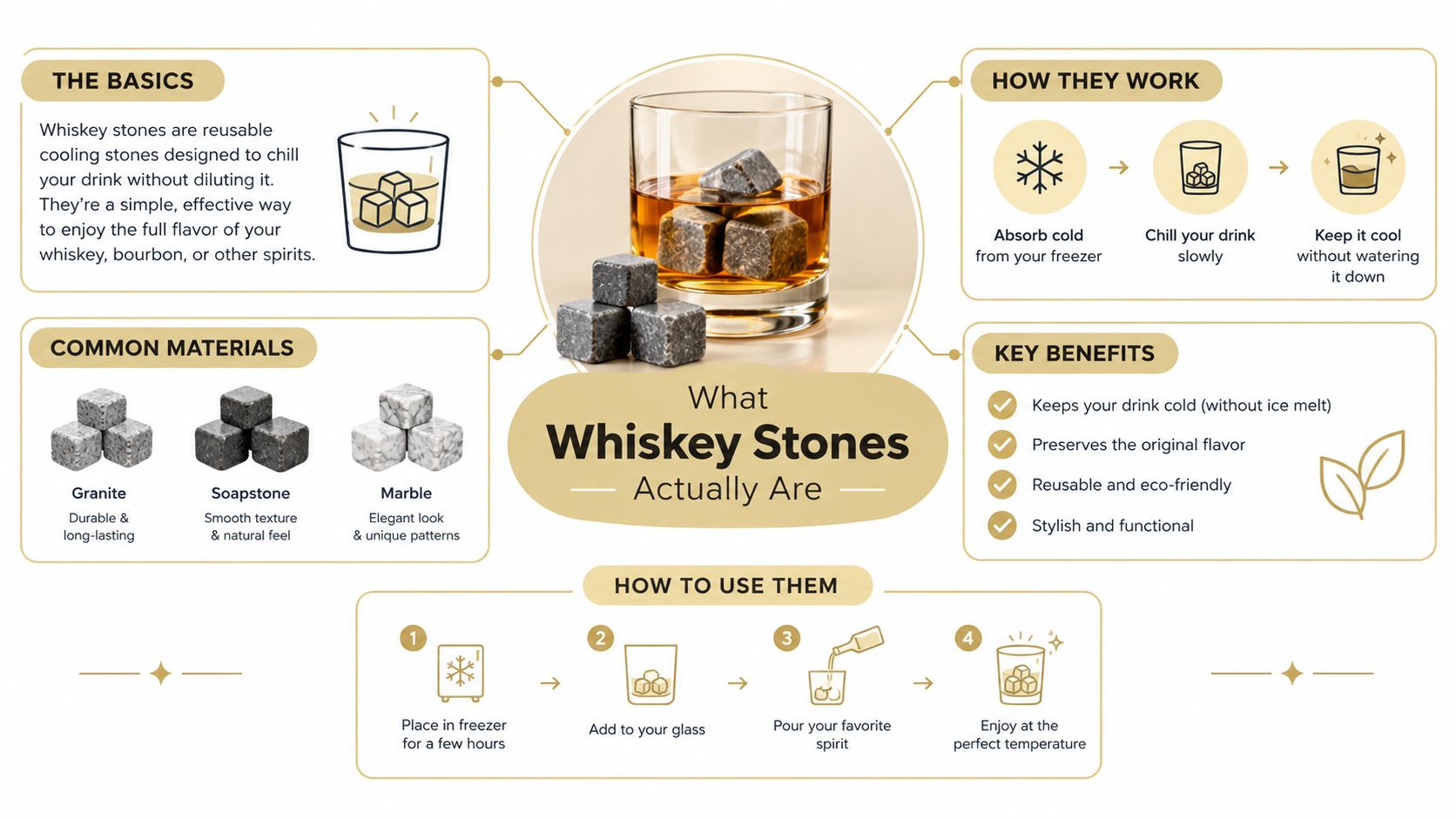 An infographic explaining what whiskey stones are, their materials, benefits, and how to use them effectively.