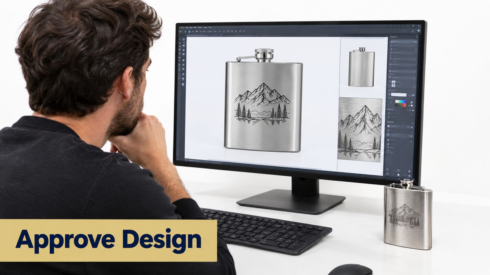 A professional designer working on a computer screen displaying a custom mountain landscape for a flask design.