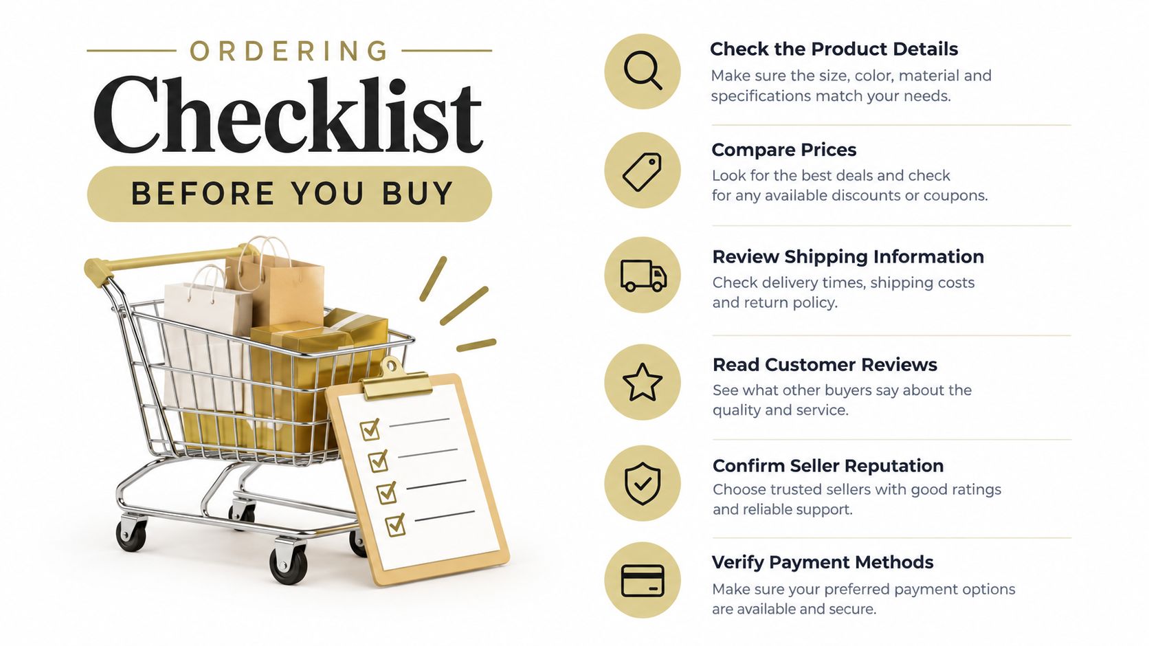 A shopping cart filled with items next to a checklist showing steps for smart online shopping.