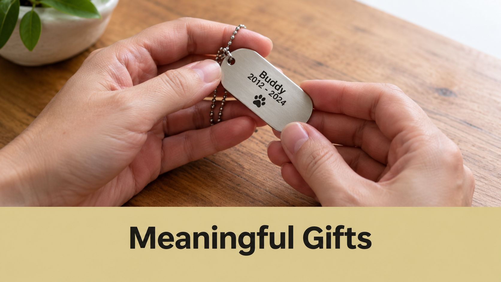 A person holds a personalized metal dog tag engraved with the name Buddy and the years 2012-2024.