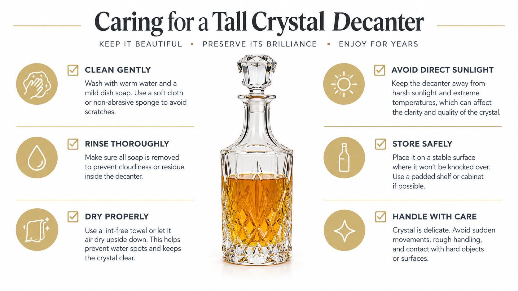 An infographic titled Caring for a Tall Crystal Decanter displaying six essential tips for maintenance and cleaning.