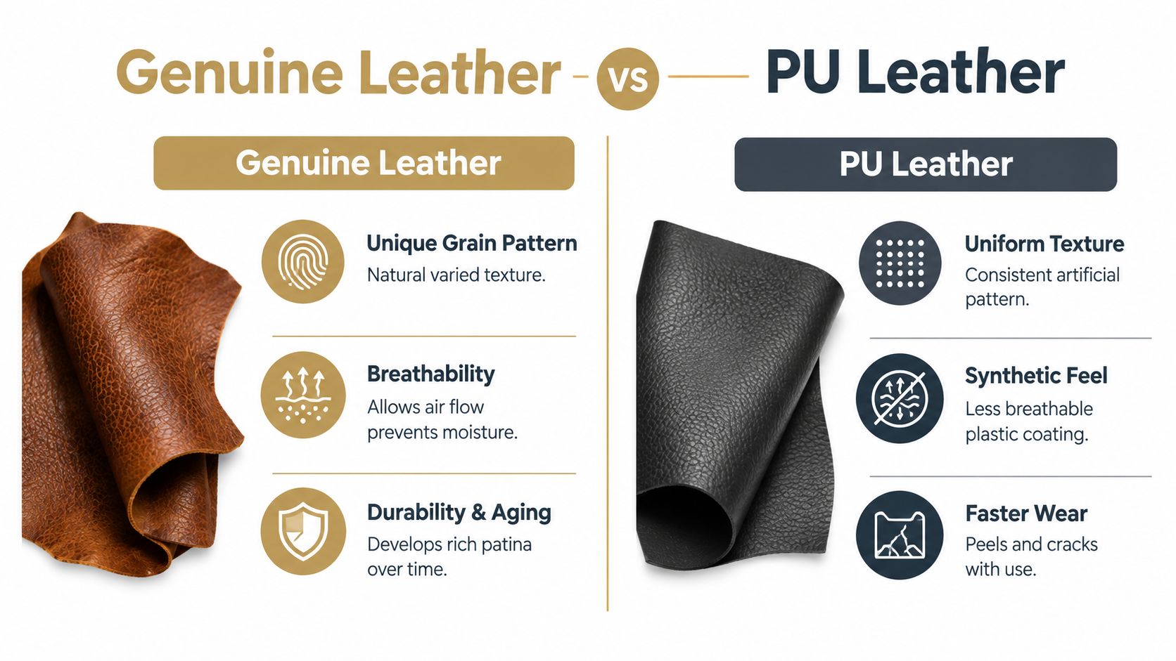 A comparison infographic showing the key differences between genuine leather and PU leather with descriptive icons.