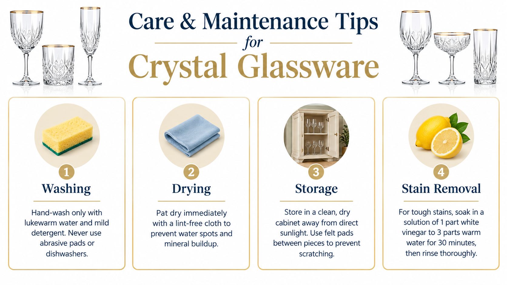 An instructional infographic detailing the four essential steps for the proper care and maintenance of crystal glassware.