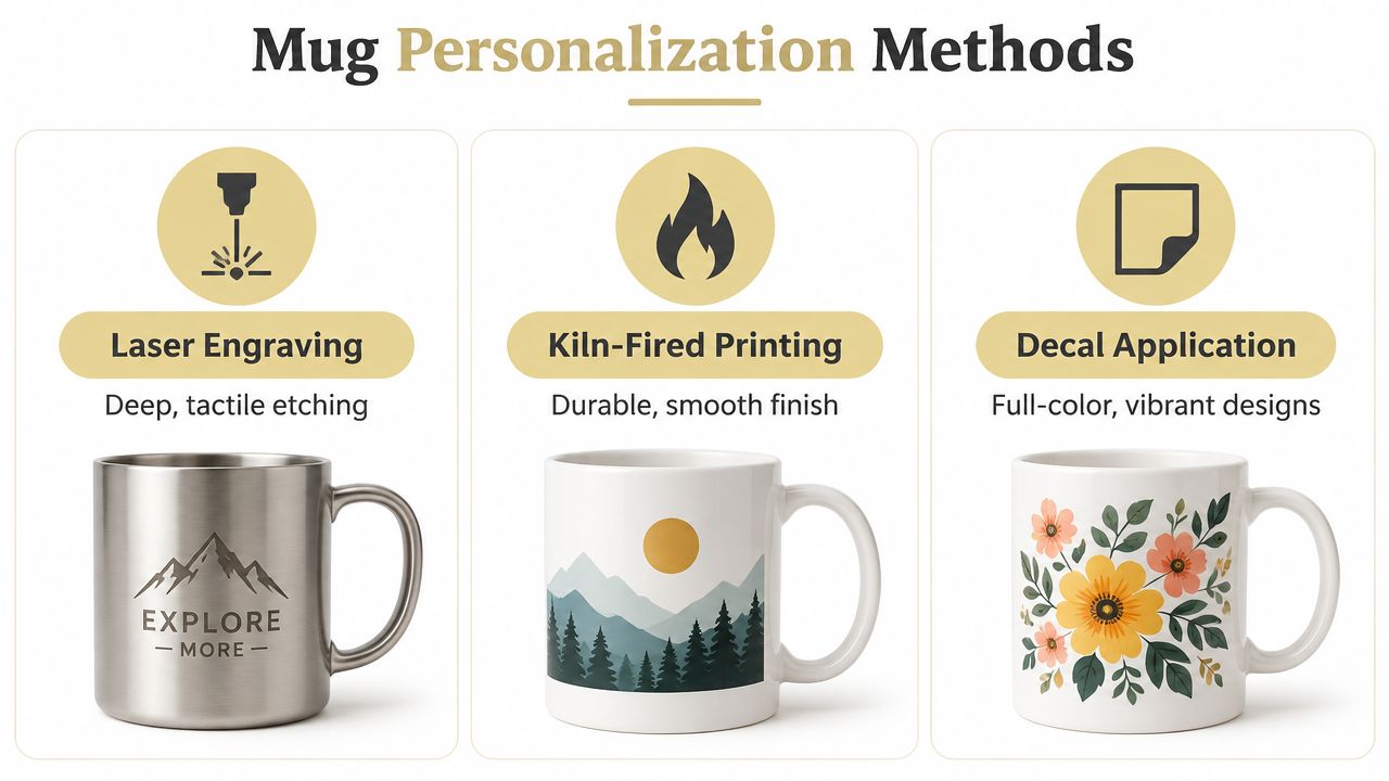 An infographic showing three mug personalization methods: laser engraving, kiln-fired printing, and decal application on coffee mugs.