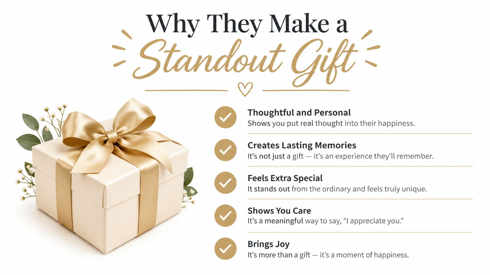 A gift box with a gold ribbon next to a list of five benefits of thoughtful gifting.