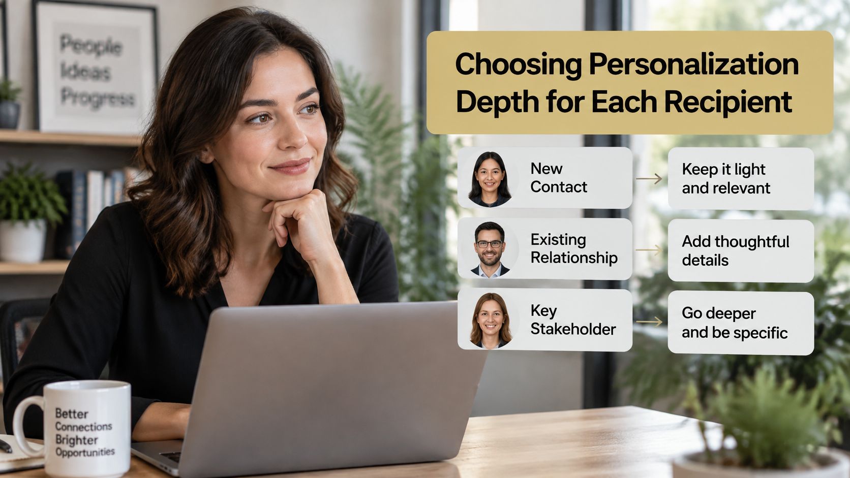 A professional woman at a laptop viewing a guide on choosing personalization depth for different contacts.