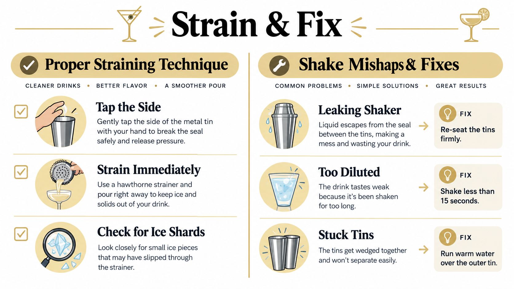 An infographic titled Strain and Fix detailing proper cocktail shaker straining techniques and common troubleshooting solutions.