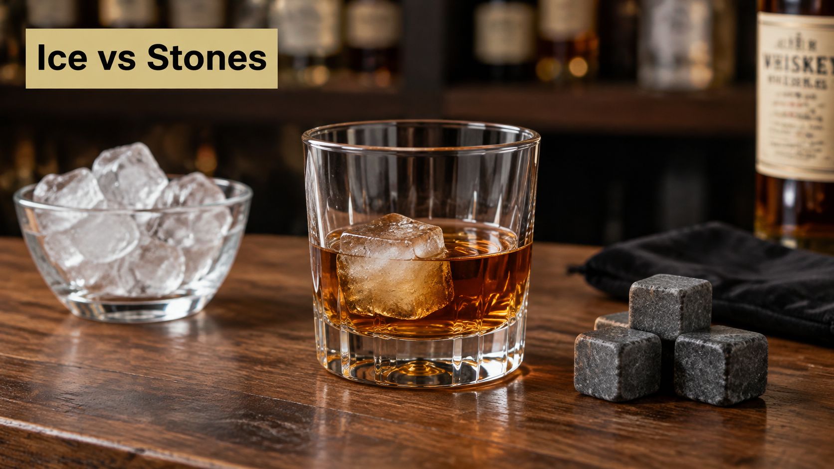 A glass of whiskey with an ice cube beside a bowl of ice and whiskey stones.