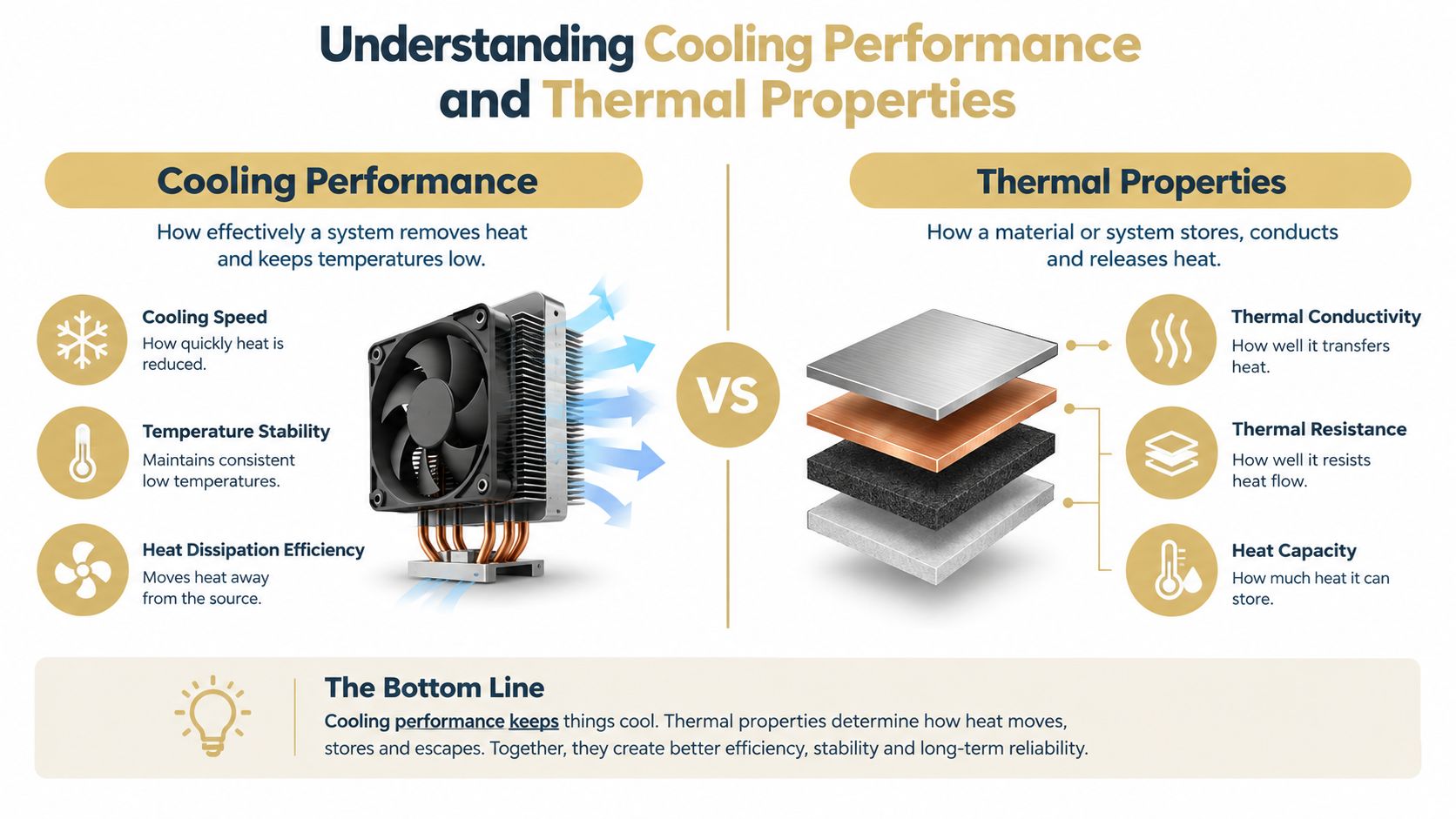 An infographic explaining the differences between cooling performance in hardware and the thermal properties of materials.