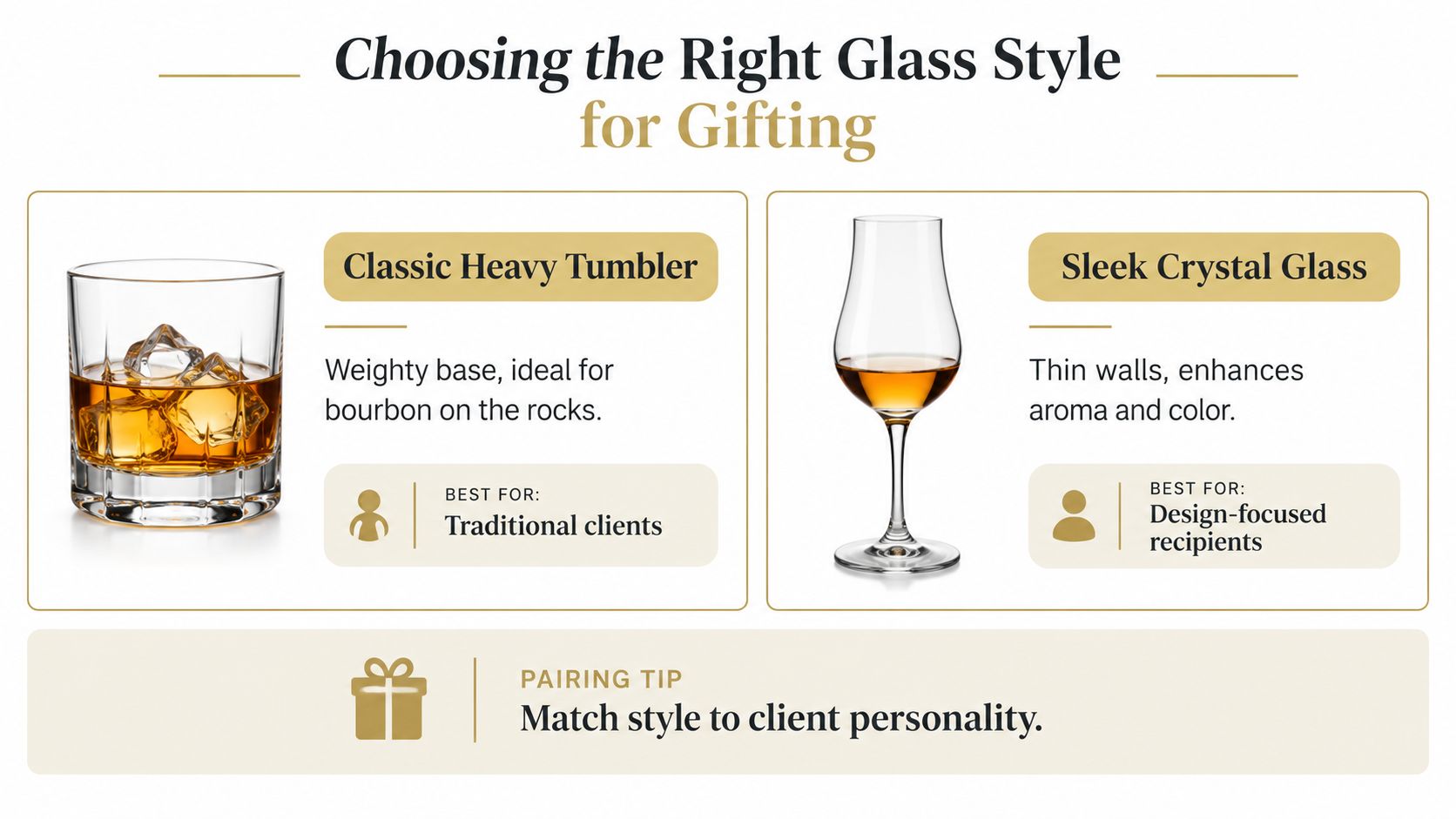 A comparison guide for choosing the right whiskey glass style as a gift for different client personalities.