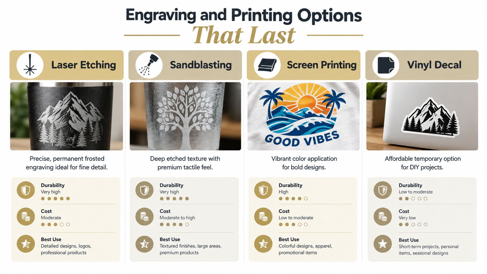 A comparison chart showing laser etching, sandblasting, screen printing, and vinyl decal customization options with their durability and cost.
