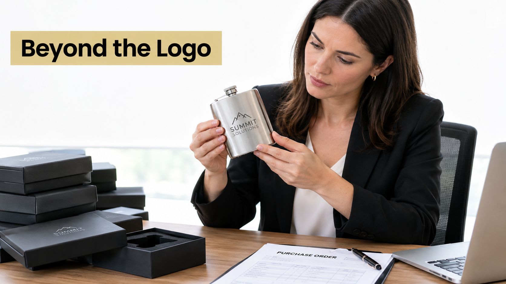 A professional woman inspecting a custom engraved whiskey flask with the Summit Solutions logo in an office.