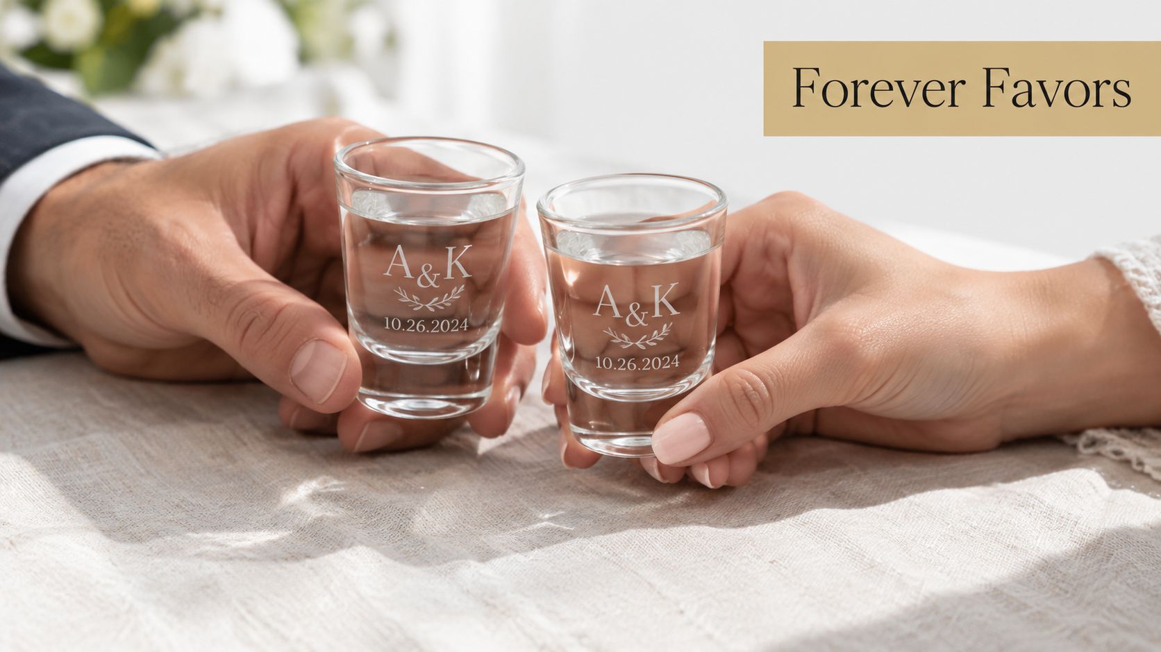 A man and woman hold custom engraved wedding favor shot glasses with initials and a date.