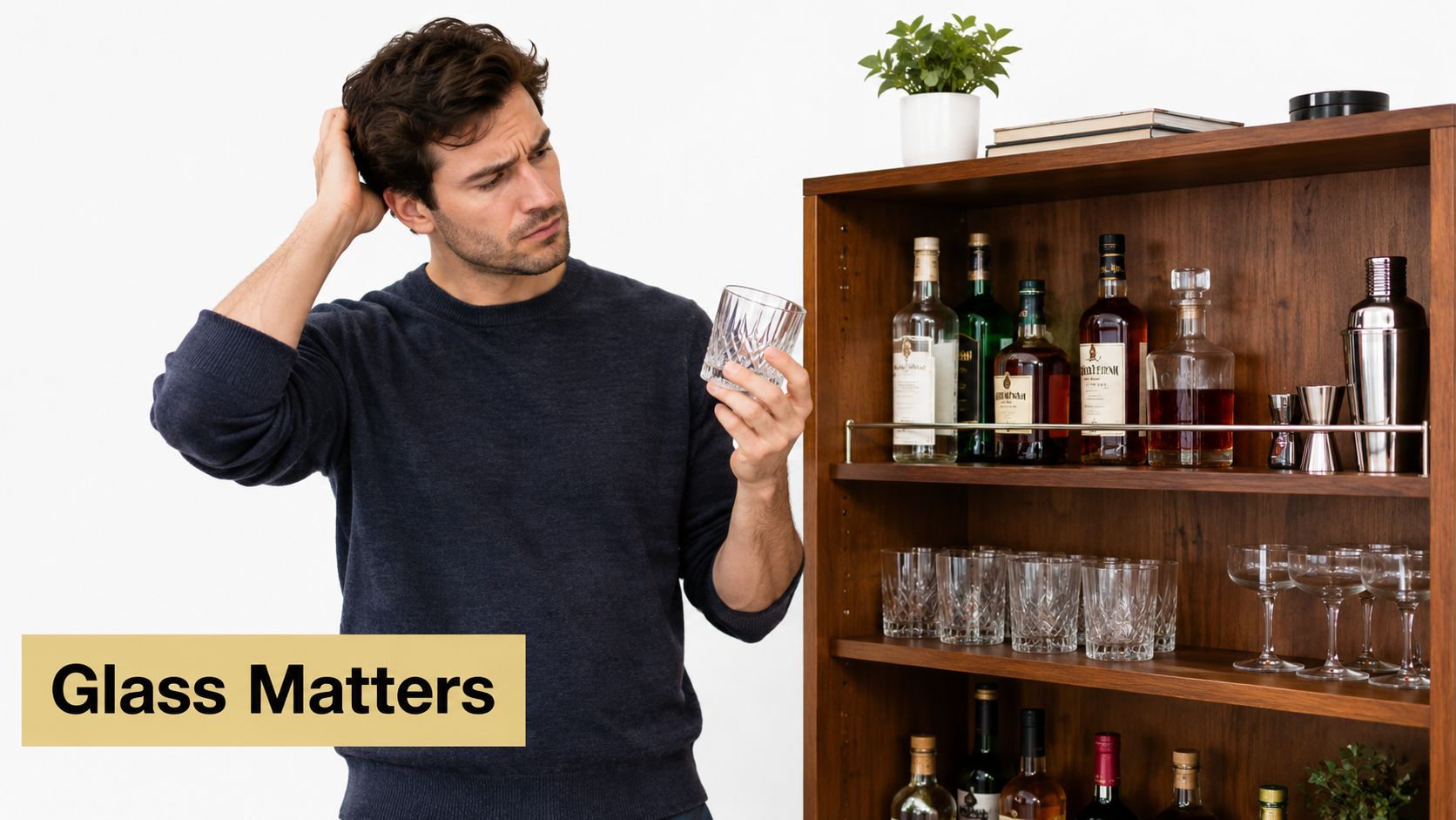 A confused man holding a crystal rocks glass while looking at a liquor cabinet filled with spirits.