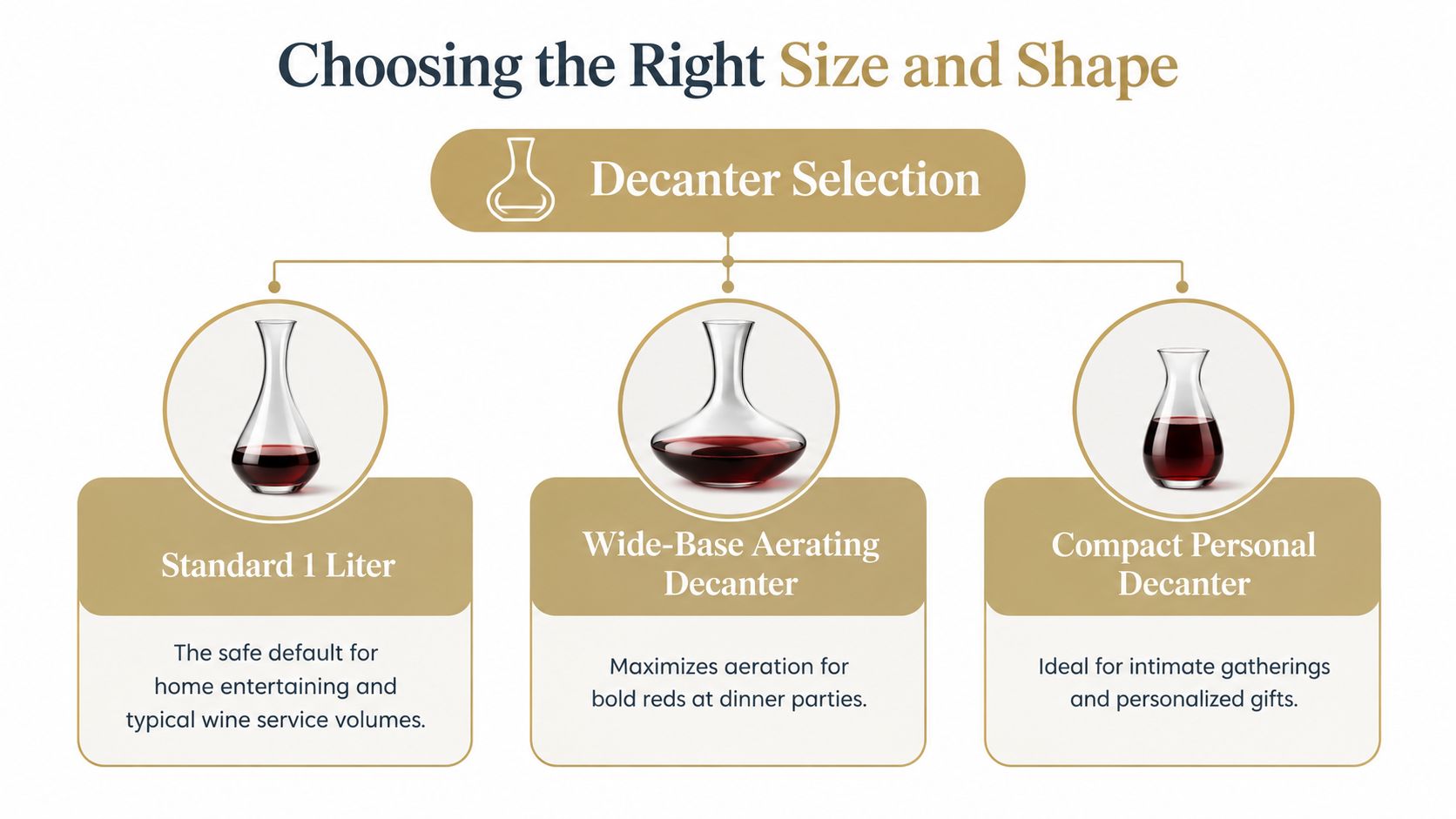 An infographic showing three types of wine decanters: Standard 1 Liter, Wide-Base Aerating, and Compact Personal.