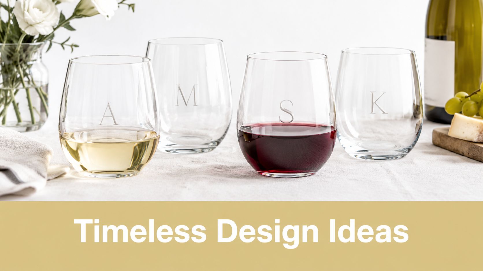 A set of four clear stemless wine glasses, each personalized with a unique letter, sitting on a table.