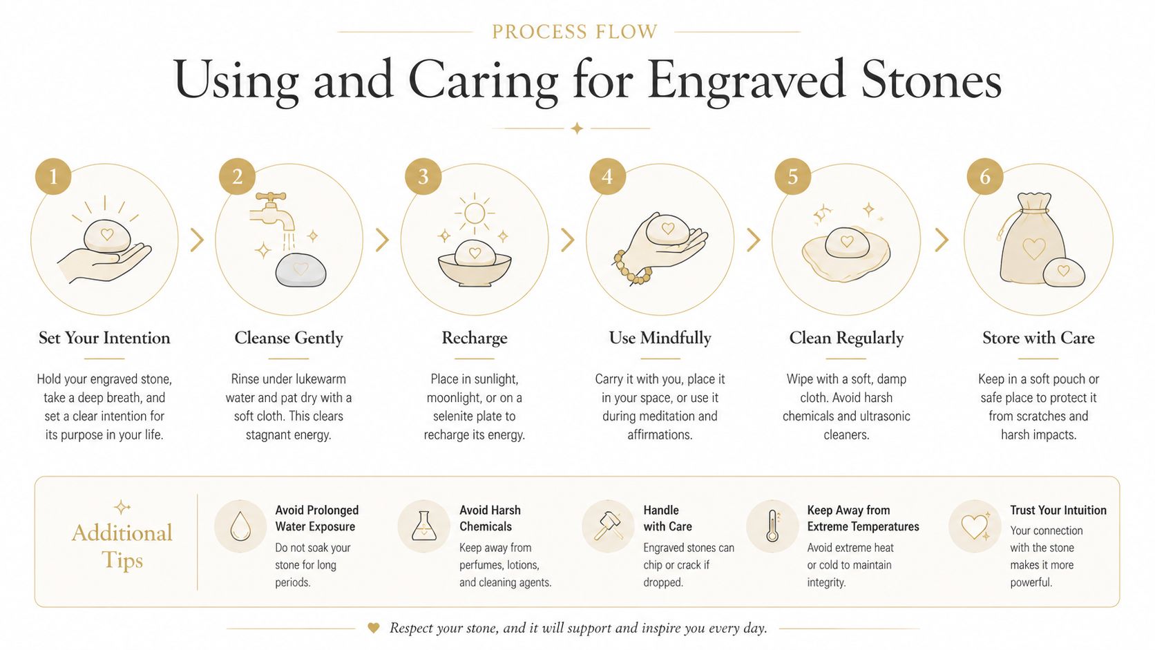 An instructional graphic on how to properly use and care for personalized engraved stones.