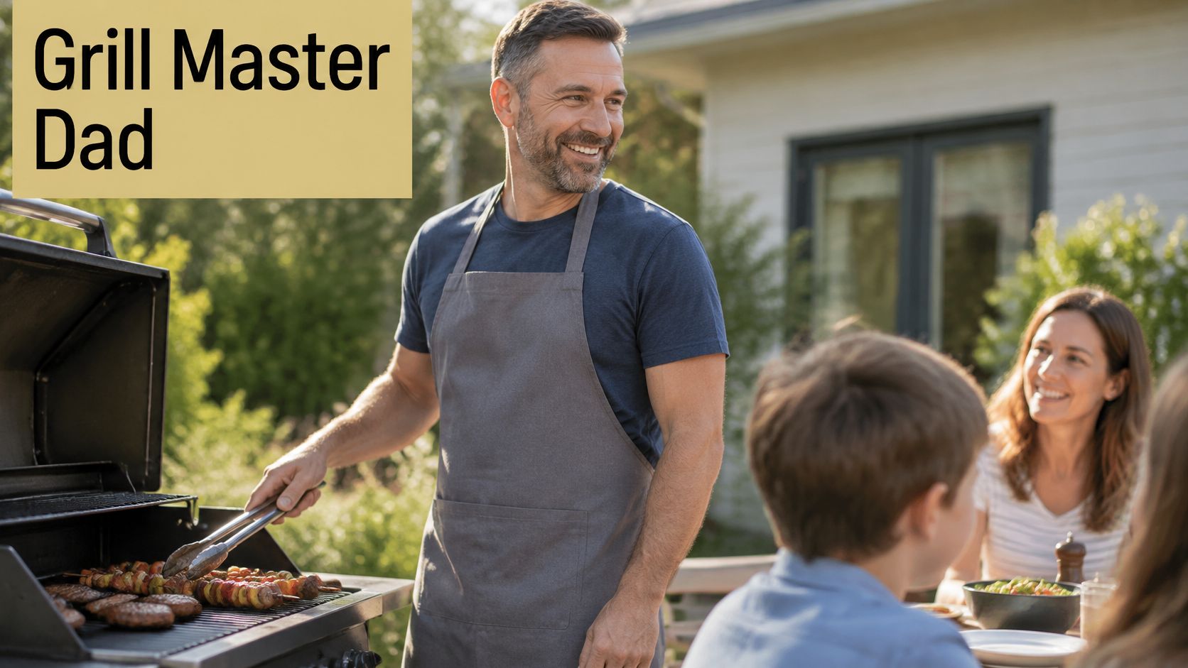 A happy father wearing an apron grills burgers and skewers for his family in the backyard.