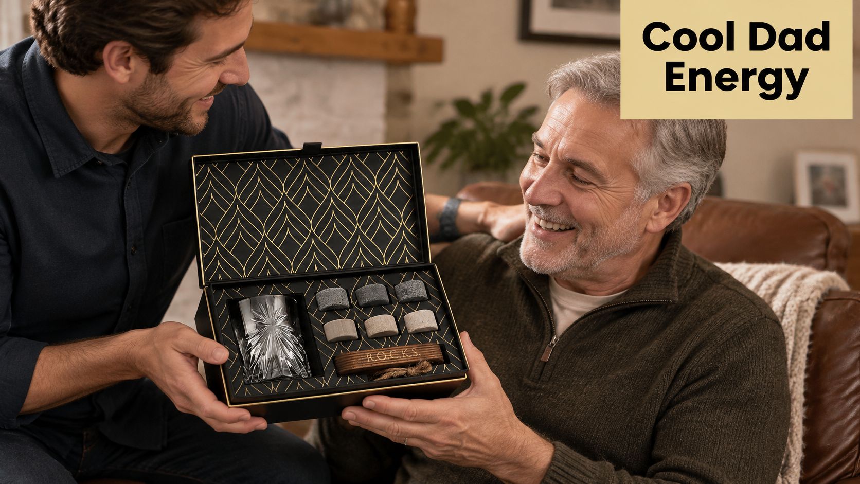 A son gifting his smiling father a premium whiskey stones set in an elegant black gift box.