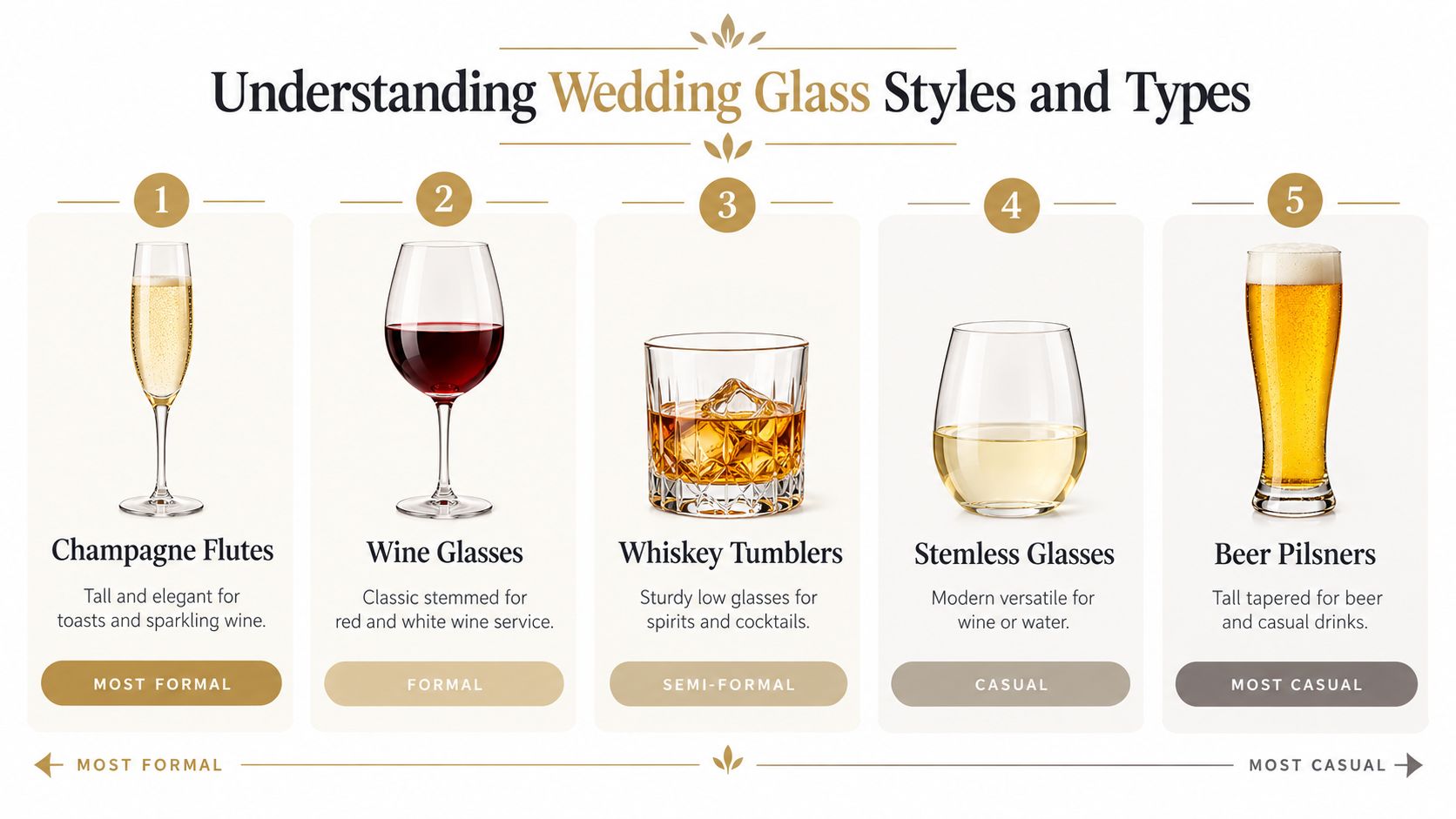 A guide showing five different wedding glass styles ranging from formal champagne flutes to casual beer glasses.