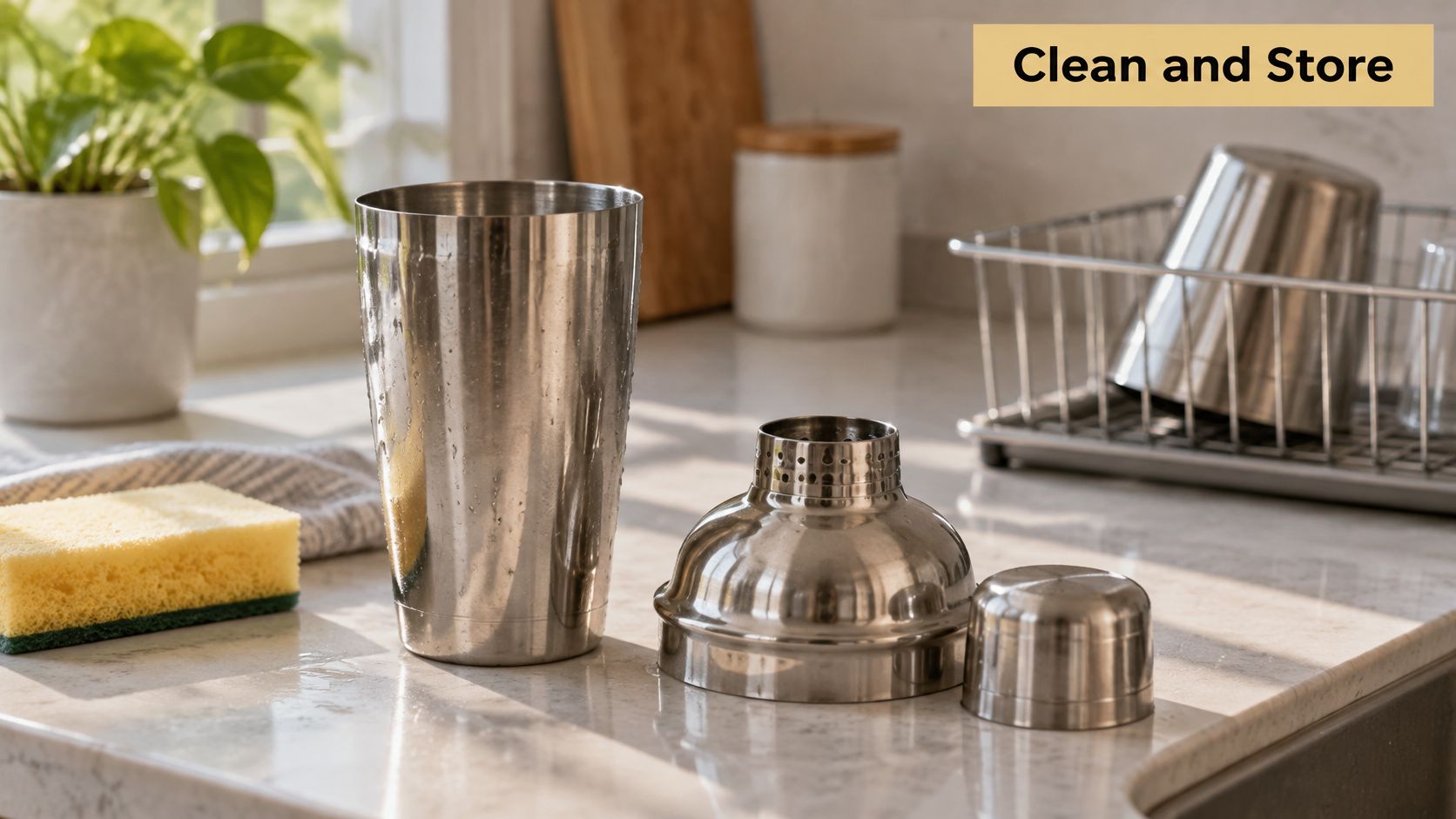 A clean stainless steel cocktail shaker set disassembled on a kitchen countertop next to a sponge.