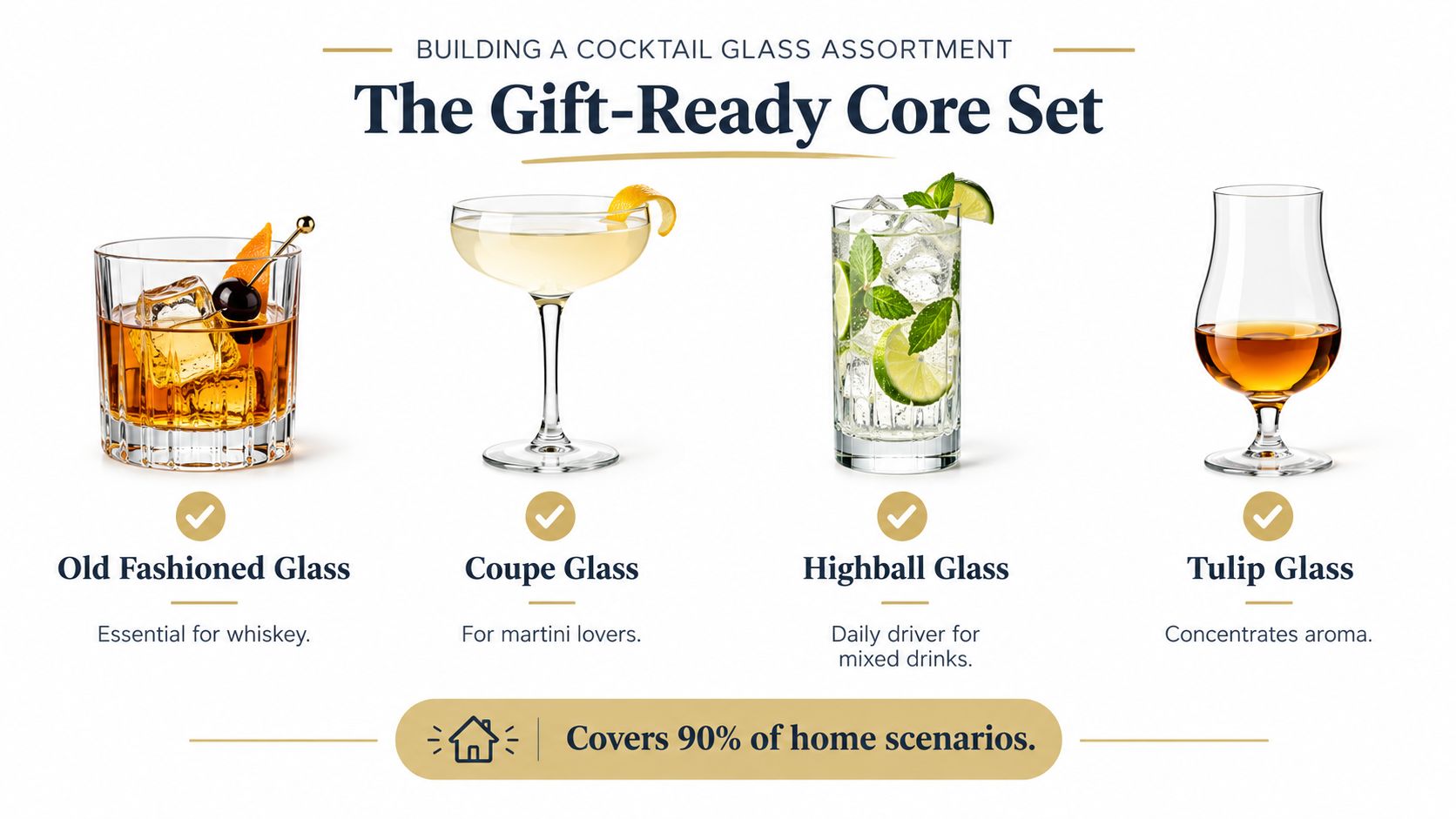 A guide showing the four essential cocktail glasses for a home bar set, including descriptions for each.