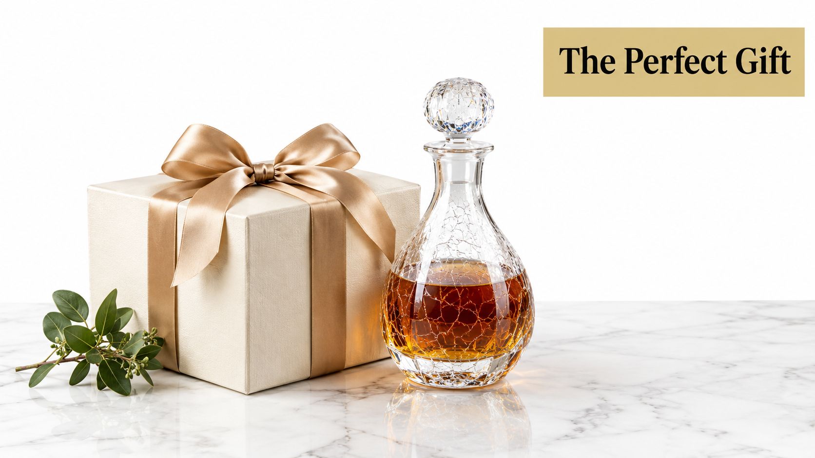 A crackle glass decanter filled with whiskey next to a gift box with a gold ribbon.