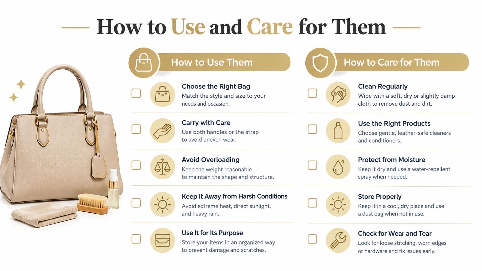 A helpful infographic guide detailing how to properly use and care for leather handbags and accessories.