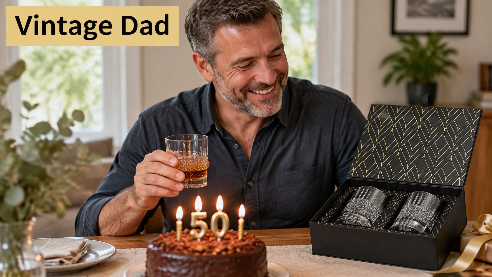 A happy middle-aged man smiling at a 50th birthday cake with a set of whiskey glasses nearby.