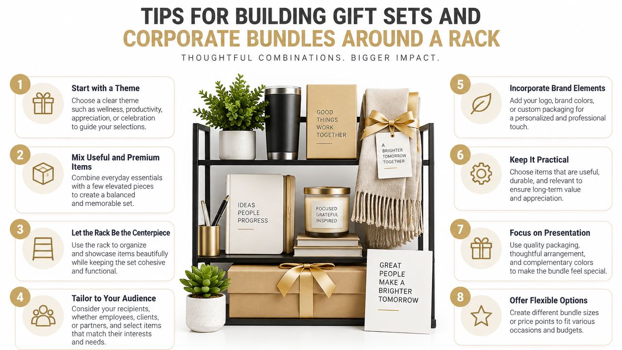 An infographic titled tips for building gift sets and corporate bundles around a display rack.