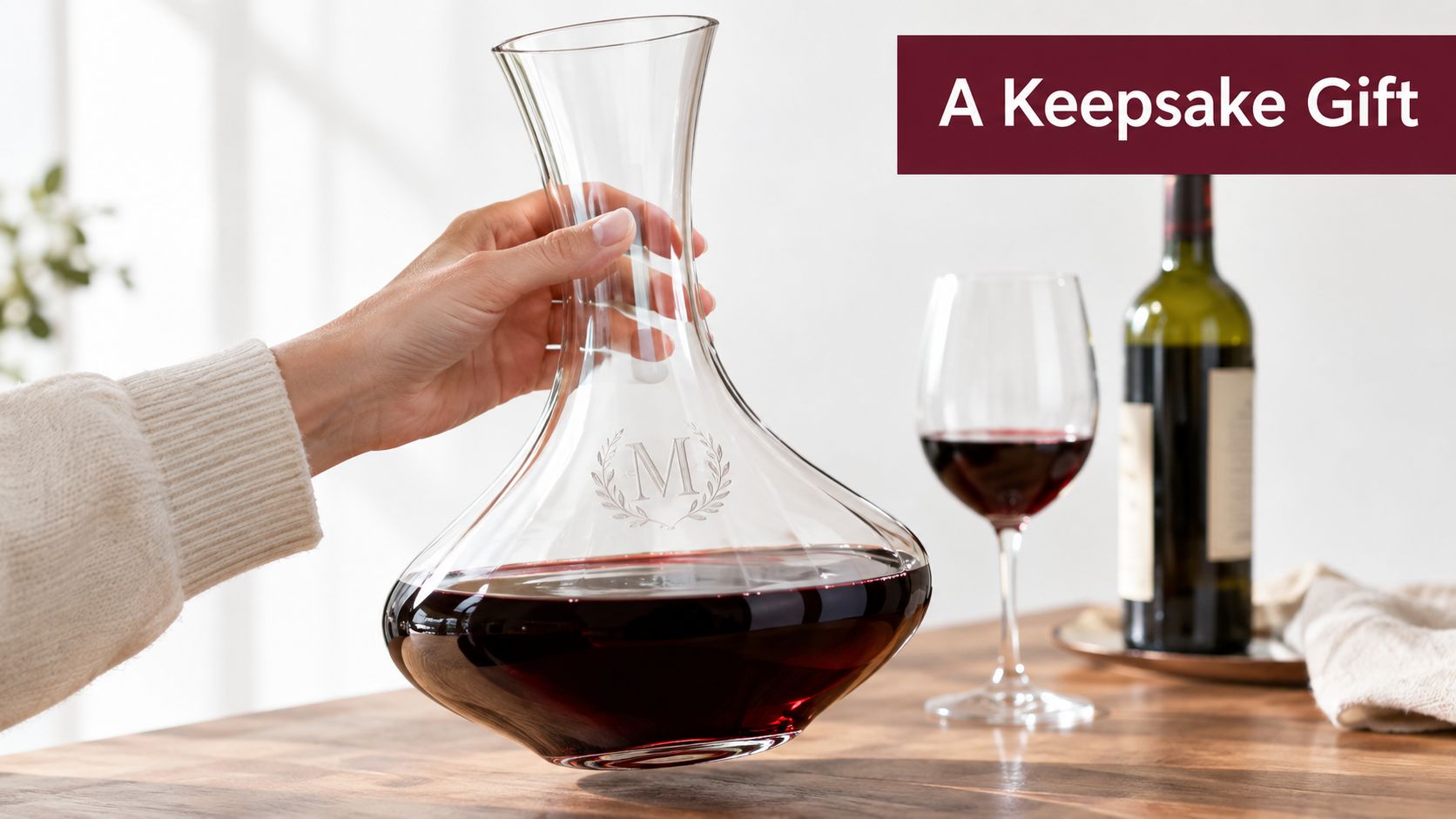 A hand holding a personalized glass wine decanter with a letter M engraving on a wooden table.