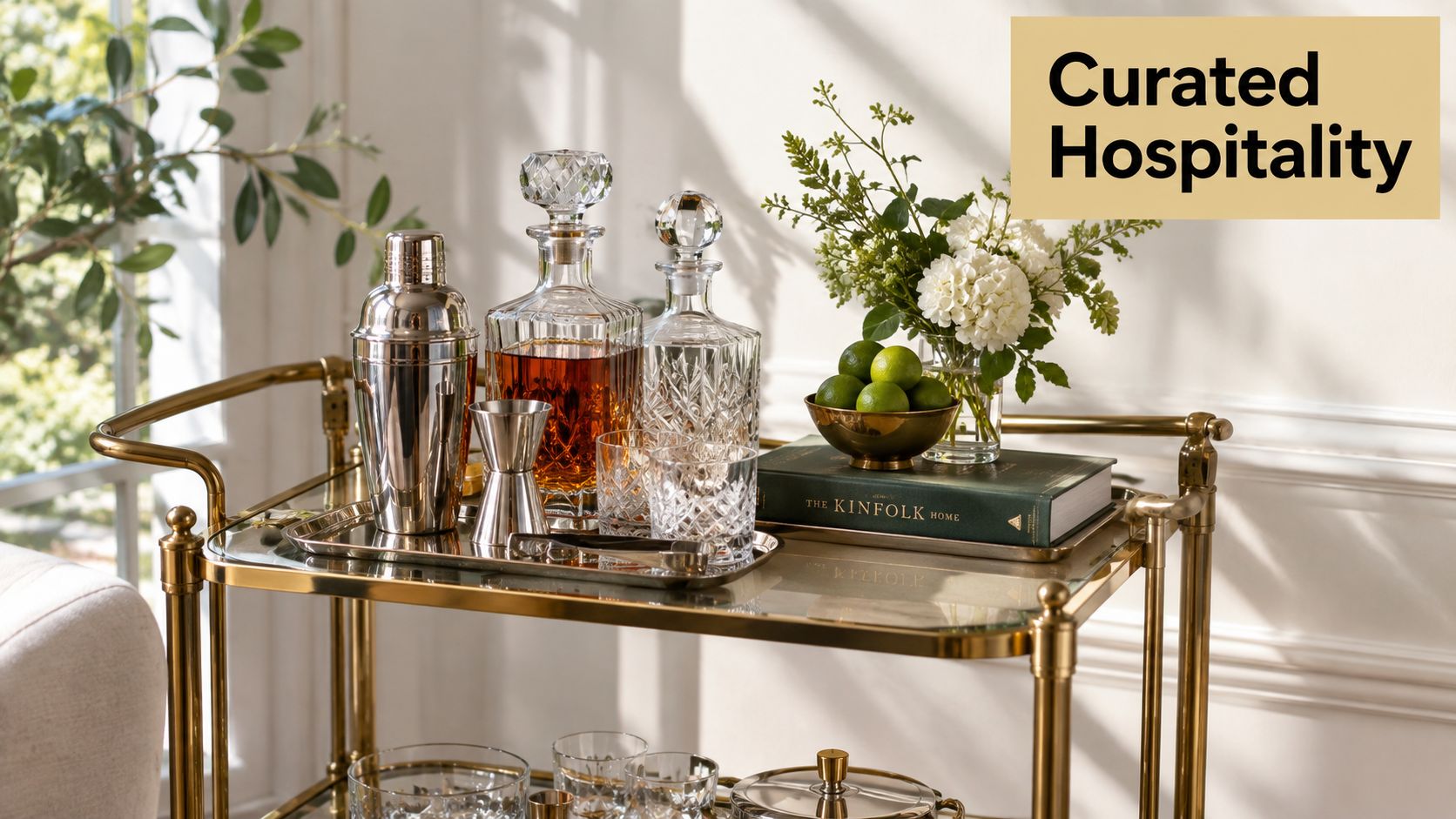 A sophisticated gold bar cart styled with crystal decanters, a metal shaker, limes, and a coffee table book.