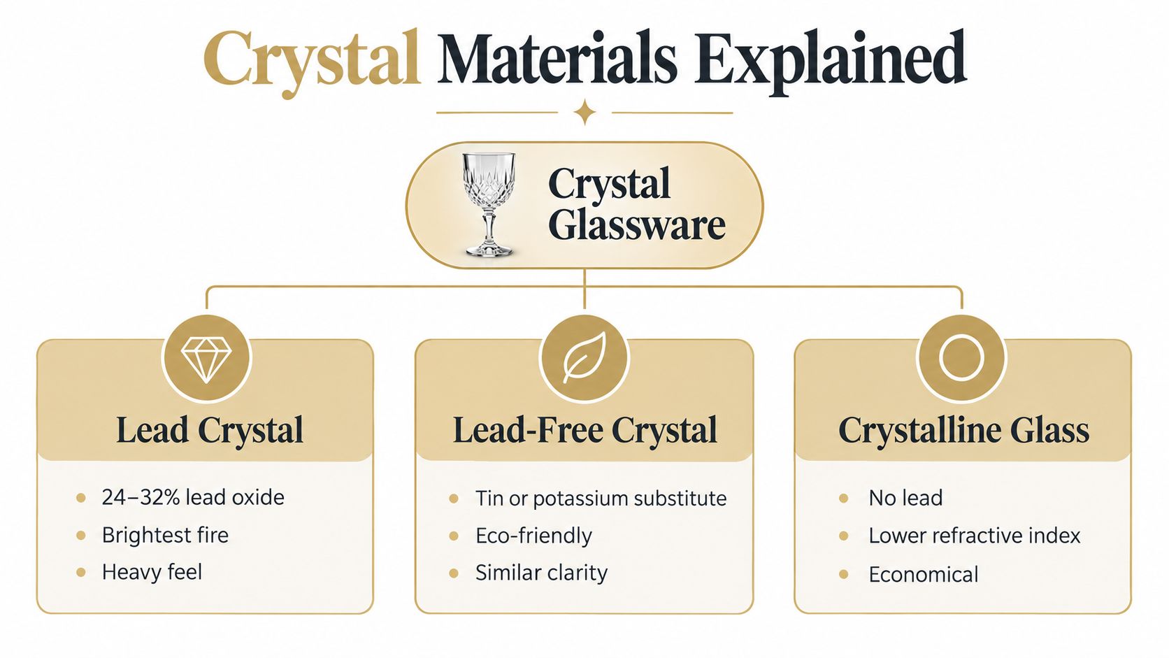 A diagram comparing the properties of lead crystal, lead-free crystal, and crystalline glass glassware materials.