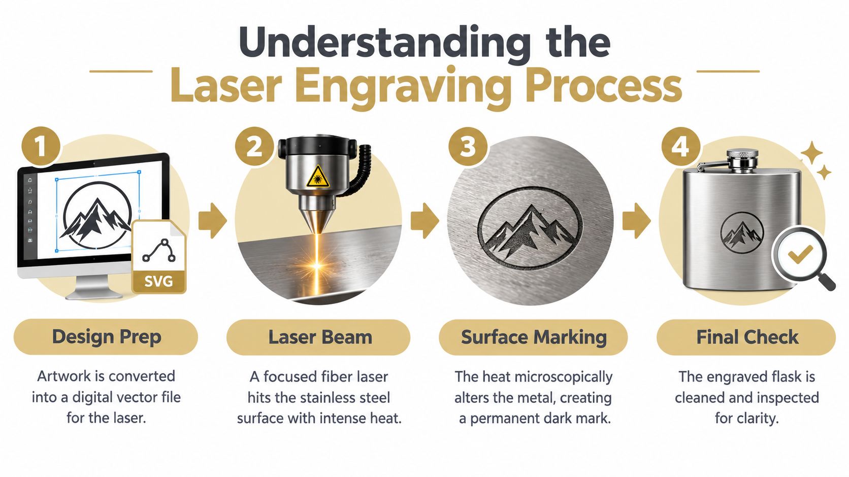 A four-step infographic showing the laser engraving process used to create custom designs on a metal flask.
