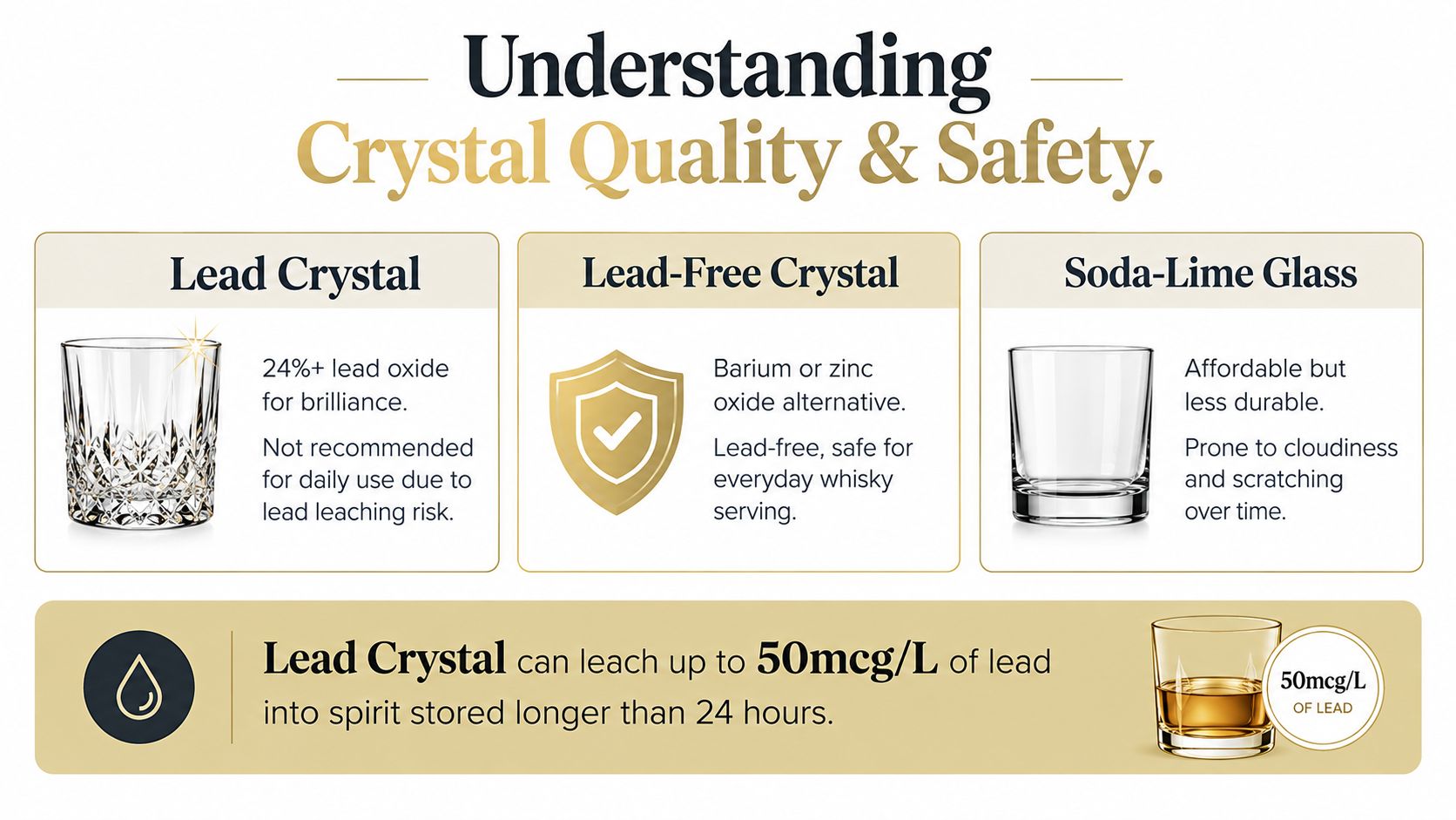An infographic comparing lead crystal, lead-free crystal, and soda-lime glass, highlighting safety and quality differences.