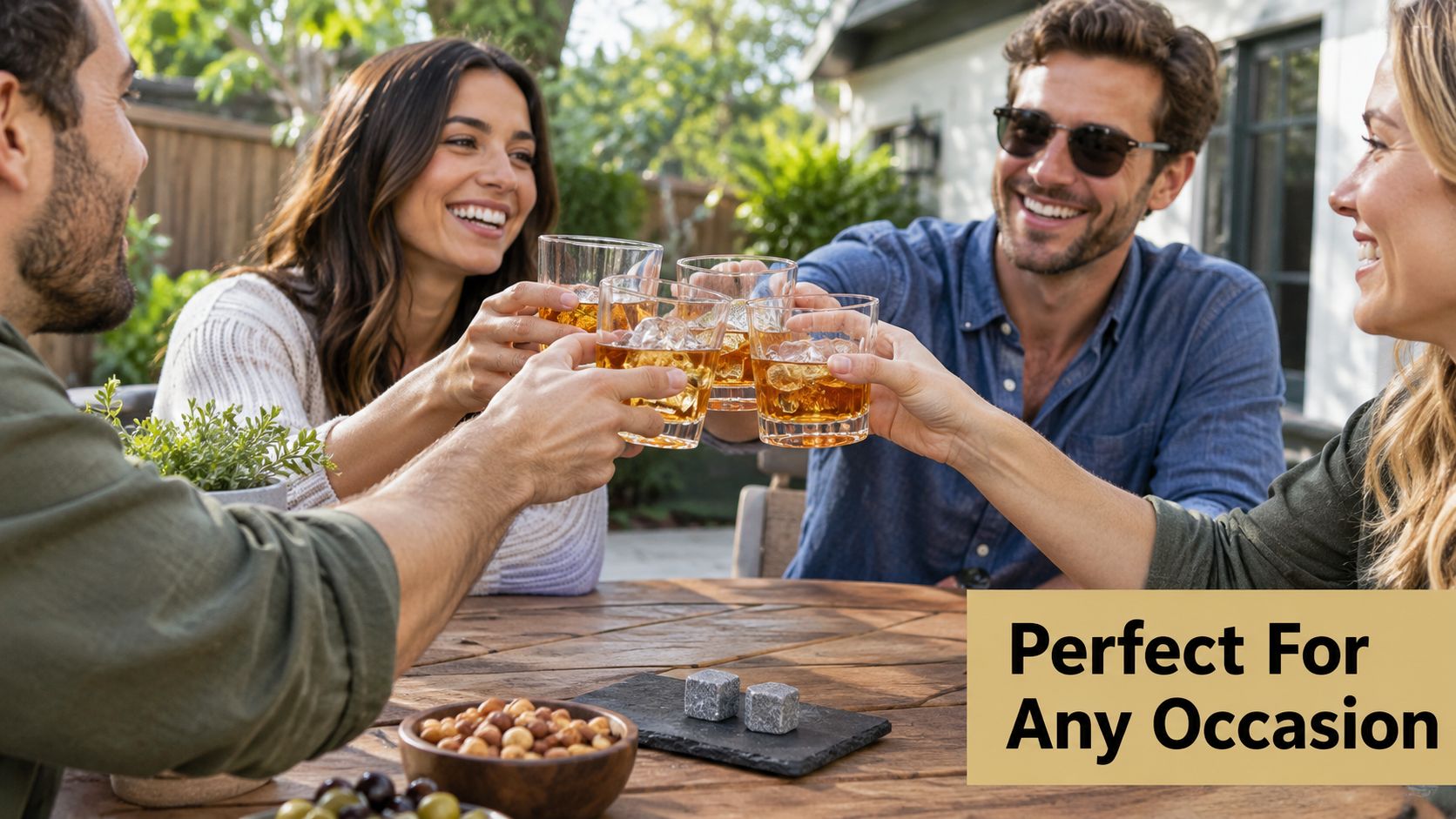 A group of friends laughing and toasting with glasses of whiskey while sitting at an outdoor table.