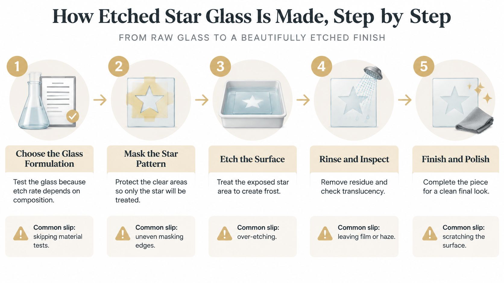 A five-step infographic illustration explaining the industrial manufacturing process of creating etched star designs on glass.
