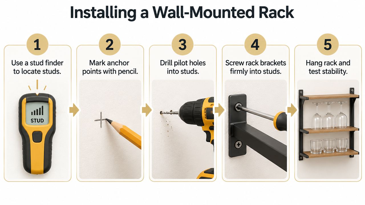 A five-step infographic showing how to properly install a wall-mounted rack using tools like a stud finder.