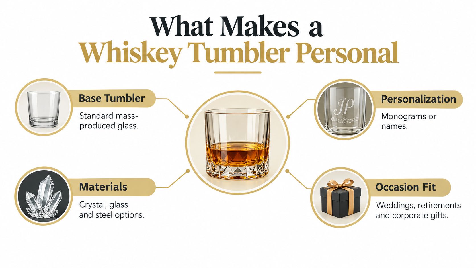 An infographic titled What Makes a Whiskey Tumbler Personal, illustrating base glass, material choices, personalization options, and gift suitability.