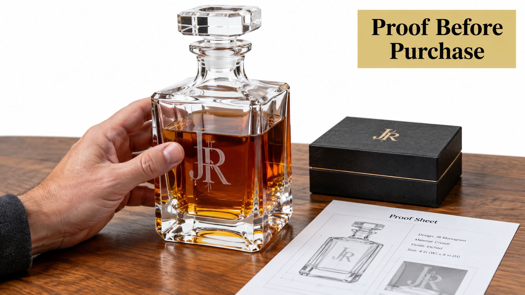 A hand holds a custom square glass whiskey decanter engraved with a JR monogram on a wooden table.
