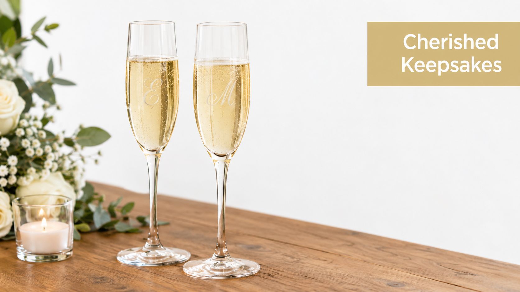 Two elegant champagne flutes with engraved monograms on a wooden table next to flowers and candle.