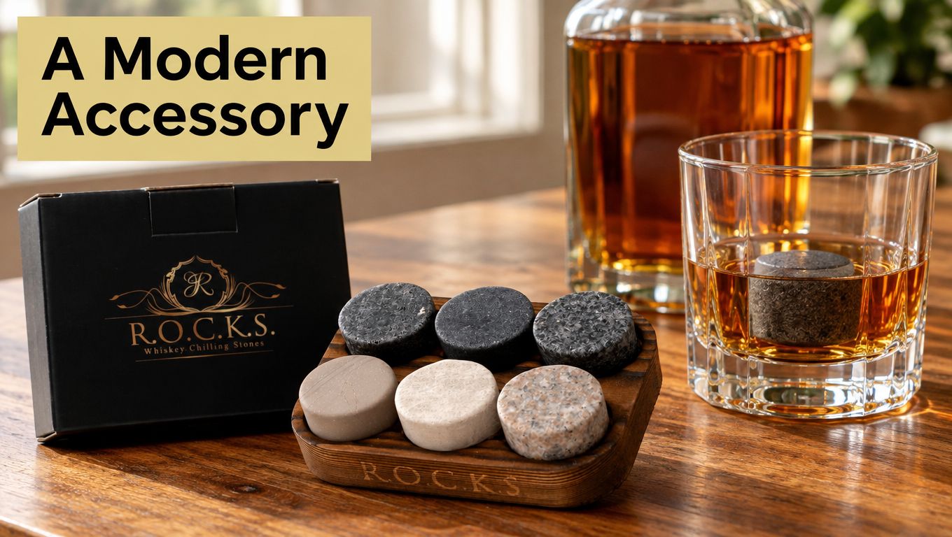 A set of R.O.C.K.S. whiskey chilling stones, a wooden tray, and a glass of whiskey on a table.