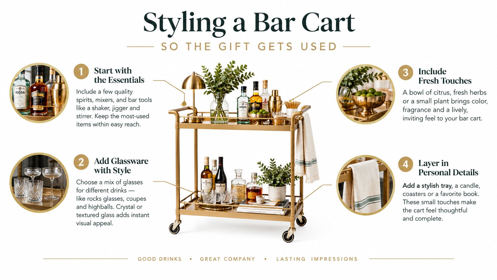 An instructional graphic showing four essential tips for styling an elegant gold bar cart for home entertaining.