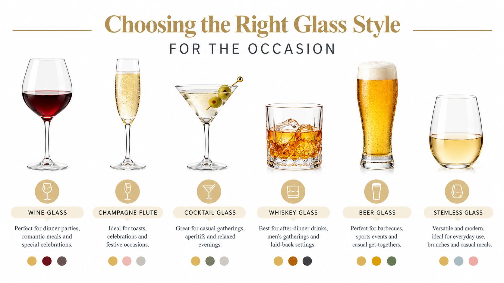 A guide showing different types of glassware including wine, champagne, cocktail, whiskey, beer, and stemless glasses.