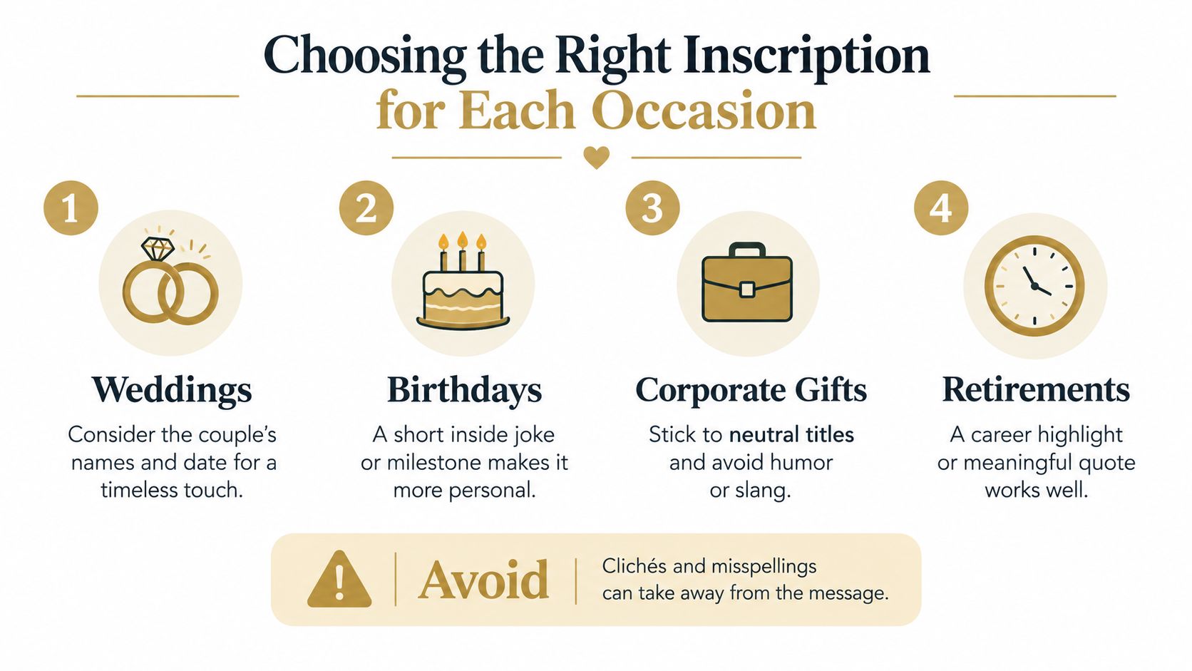 An infographic titled Choosing the Right Inscription for Each Occasion, outlining tips for weddings, birthdays, corporate gifts, and retirements.