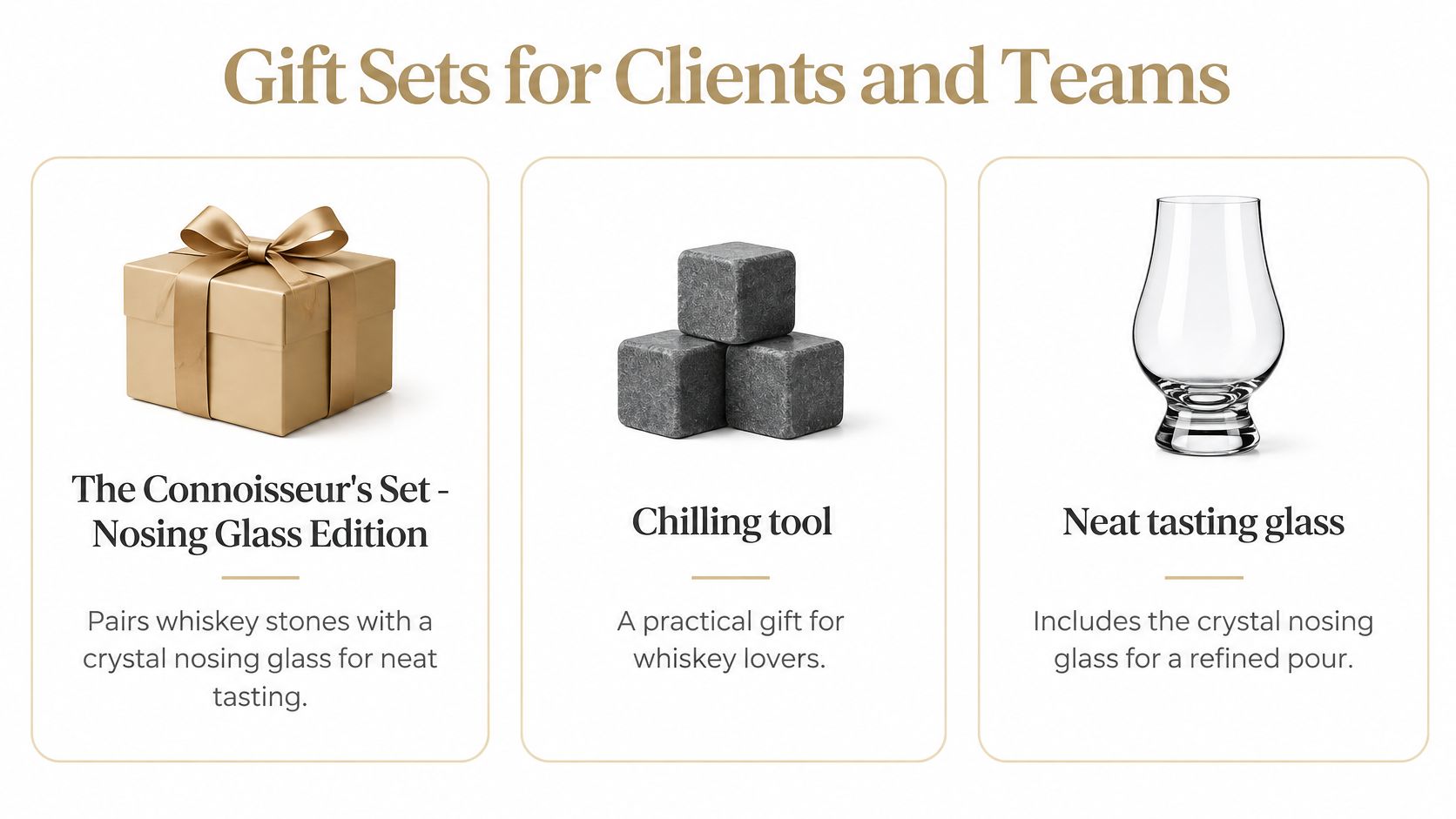 A professional gift set display featuring whiskey stones and a crystal nosing glass for refined whiskey tasting.