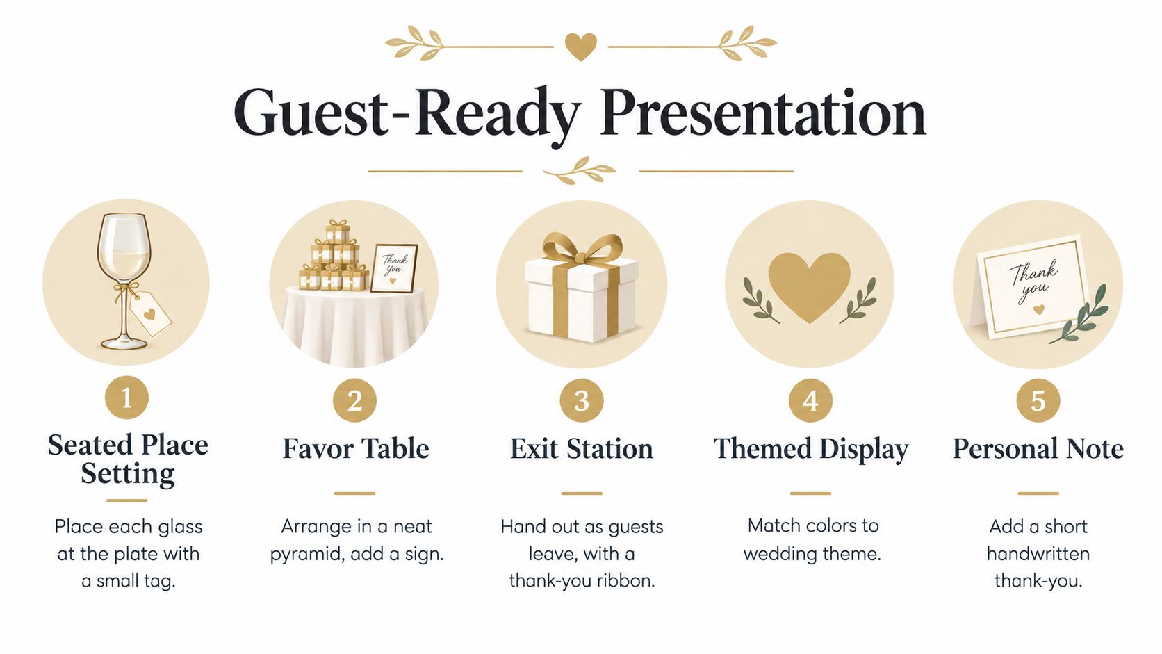 A five-step guide on guest-ready wedding favor presentations featuring wine glasses, favor tables, and personalized thank-you notes.